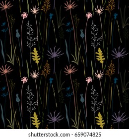 Vector floral seamless pattern with wild meadow flowers, herbs and grasses.Thin delicate line silhouettes of different plants - johnson's grass, cornflowers, thistles. 
