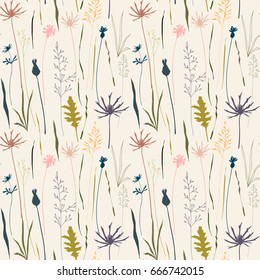 Vector floral seamless pattern with wild meadow flowers, herbs and grasses.Thin delicate line silhouettes of different plants - johnson's grass, cornflowers, thistles. 
