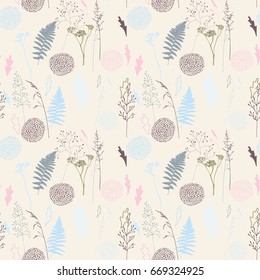 Vector floral seamless pattern with  wild meadow grasses, fern leaves and stylized flowers outlines . Hand drawn thin with thin lines plants in pastel colors.