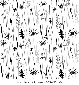 Vector floral seamless pattern with wild meadow flowers, herbs and grasses.