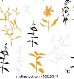 Vector floral seamless pattern with wild meadow flowers, herbs and grasses. Thin delicate line silhouettes of different plants like sunflowers and basil. 
