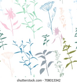 Vector floral seamless pattern with wild meadow flowers, herbs and grasses. Thin delicate line silhouettes of different plants like sunflowers and basil. 
