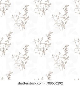 Vector floral seamless pattern with wild meadow  herbs . Thin delicate line silhouettes in small bouquets on geometric background.