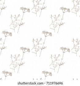 Vector floral seamless pattern with wild meadow  herbs . Thin delicate line silhouettes in small bouquets on geometric background. 