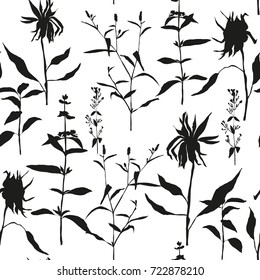 Vector floral seamless pattern with wild meadow flowers, herbs and grasses. Thin delicate line silhouettes of different plants like sunflowers and basil. 
