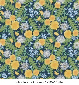 Patrón vectorial sin costuras floral con flores silvestres, flores de maíz florecientes, dientes de león, bolas de soplo, hojas. Elegante ornamento botánico. Resumen de fondo de flores vintage. Diseño de verano para papel de pared, impresión
