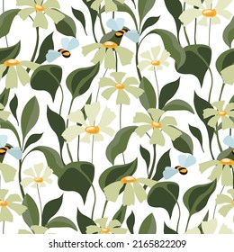 Vector floral seamless pattern. Wildflowers, leaves and bees on a white background. Floral design for surface decoration.