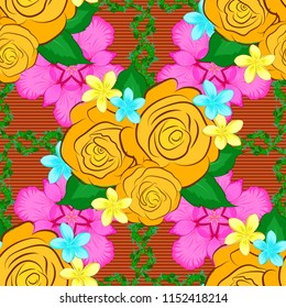 Vector floral seamless pattern. Yellow, orange and green roses with green leaves.