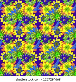 Vector floral seamless pattern. Yellow, violet and green background with flowers pattern.