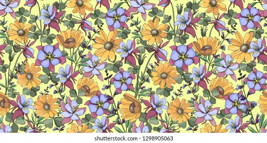 Vector floral seamless pattern with  yellow gaillardia aristata and light blue and pink aquilegia colombine on the light yellow field.