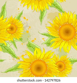 Vector floral  seamless pattern with yellow sunflowers