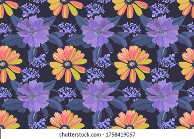 Patrón vector floral sin soldadura. Flores amarillas, rosas, moradas, hojas azules aisladas en fondo azul.