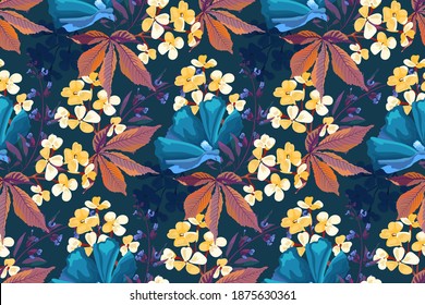 Patrón vector floral sin soldadura. Flores amarillas y azules aisladas en un fondo azul profundo. Para el diseño decorativo de cualquier superficie.