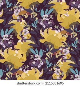 Vector floral seamless pattern. Yellow flowers isolated on a burgundy background. Floral arrangement of repeating elements for fabrics, wallpapers, layouts and more.
