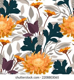 Patrón vector floral sin soldadura. Crisantemo amarillo sobre fondo blanco. Diseño floral para decorar superficies, fondos de pantalla, tarjetas y más.