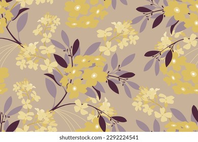 Vector floral seamless pattern. Yellow flowers on a beige background. Floral design for decorating surfaces, wallpapers, cards and more.