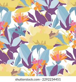 Vector floral seamless pattern. Yellow, orange flowers, blue and purple leaves on a white background. Floral design for decorating fabric, wallpapers, cards and more.