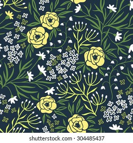  vector floral seamless pattern with yellow roses and blooming plants