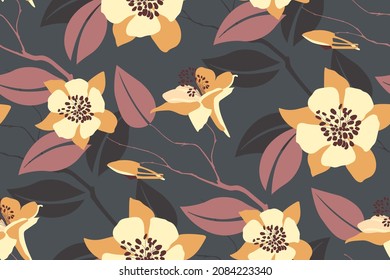 Patrón vector floral sin soldadura. Flores anaranjadas, ramas y hojas aisladas en un fondo gris oscuro. Diseño floral de estilo retro para telas, tarjetas, banners y más.