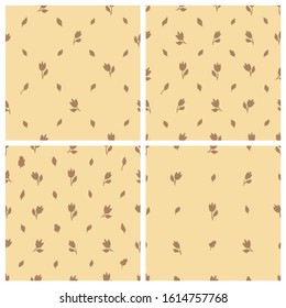 Vector floral seamless patterns set. Tulips and leaves over vintage beige brown background. Little flowers wallpaper.