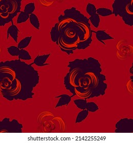 Vector floral sin costuras de color rojo-negro con rosas decorativas sobre fondo escarlata para el diseño textil, tejido