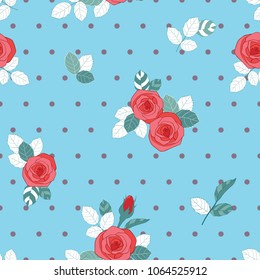 Vector floral seamless repeat pattern background texture. Illustration of rose with leaves and dots for invitations card, wallpaper or fabric