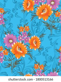 vector floral seamless repeating half-drop pattern background wallpaper fabric design