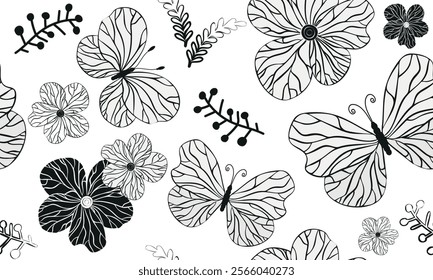 Vector floral seamless simple black and white pattern design for textile and surface pattern on transparent background