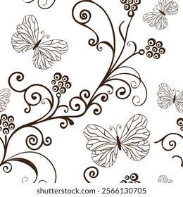 Vector floral seamless simple monochome brown pattern design for textile and surface pattern on transparent background