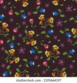 Vector floral seamless texture. Abstract  purple background with  cute bright meadow flowers, leaves. Liberty style wallpapers. Elegant ornament. Design for print, wallpapers, textile, fabric