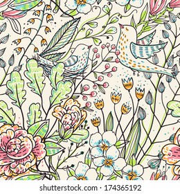 vector floral seamless texture. hand drawn vector pattern with fantasy flowers and birds
