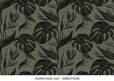 Vector floral seamless tropical pattern. Black twigs and leaves isolated on a khaki colored background. Repeating floral elements for wallpapers, cards, banners and more.