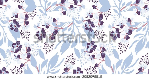 Vector floral seamless widescreen pattern. Lilac flowers with brown twigs and blue leaves on a white. Wide floral art background for wallpapers, cards, banners and more.