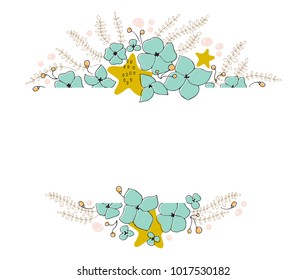 Vector floral seaweed rectangular frame. Corals, shells and sea plants in an arrangement. For greeting cards, weddings, stationery, scrapbooking. Hand drawn style. Part of a big sea collection.