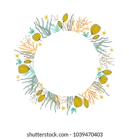 Vector floral seaweed round frame. Flowers, corals and sea plants in a circle arrangement. For greeting cards, weddings, stationery, scrapbooking. Hand drawn style. Part of a big sea collection.