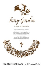 Vector floral semicircle frame, bird, vignettes, border, card design template. Flower silhouette elements in Oriental style. Floral borders, flower illustration. Arabic ornaments.