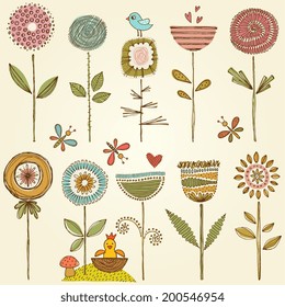 Vector floral set. Based on an ink drawing.