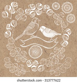 Vector floral set with birds. Hand drawn doodle collection with leaves, flowers and birds. Design elements for invitation, wedding or greeting cards.