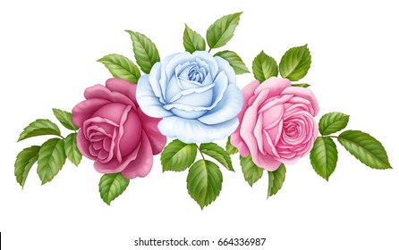 Vector floral set bouquet bunch of pink, red, blue white vintage rose flowers green  leaves isolated on white background. Digital watercolor illustration