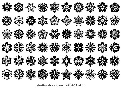 Vector floral set, collection of abstract geometric ornamental flower heads. Abstract geometric black symmetric floral decorations. Isolated on white background.