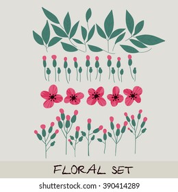 Vector floral set. Collection with leaves and flowers. Spring or summer design for invitation, wedding or greeting cards.