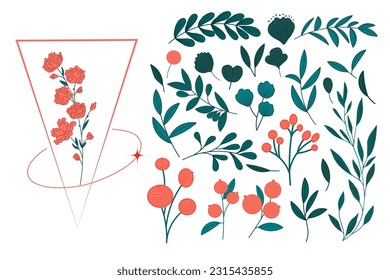 Vector floral set. Colorful floral collection with leaves and flowers. Spring or summer design for invitation, wedding or greeting cards