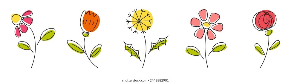 Vector conjunto floral. Colección floral colorida con hojas y flores. Diseño de primavera o verano para invitación, boda o tarjetas de felicitación