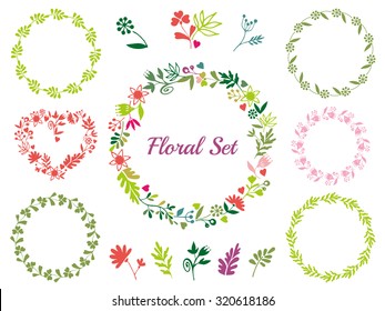 Vector floral set. Colorful floral collection with leaves and flowers. Spring or summer design for invitation, wedding or greeting cards