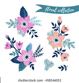 Vector floral set. Colorful floral collection with leaves and flowers hand drawn. Spring or summer design for invitation, wedding or greeting cards.