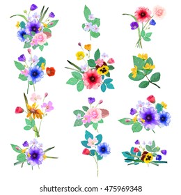 Vector floral set. Colorful floral collection with leafs and flowers. Design for invitation, wedding or greeting cards.
