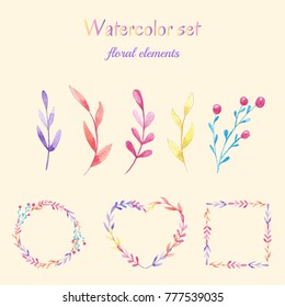 Vector floral set. Colorful floral collection with leaves drawing watercolor.
