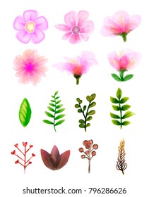 Vector floral set. Colorful floral collection with leaves and flowers, drawing watercolor. Spring or summer design for invitation, wedding or greeting cards