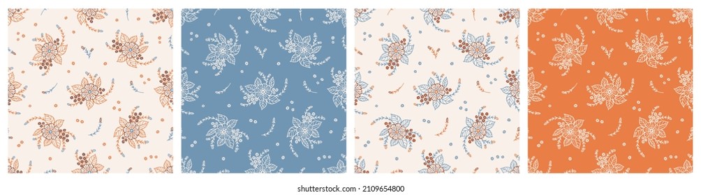 Vector Floral Set. Ditsy prints. Outline Flower Bouquets Seamless Patterns.