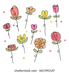 Vector floral set. Floral elements with hand-drawn flowers